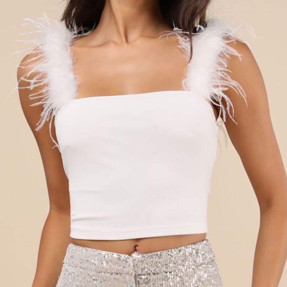Lulus Fabulous Attraction White Feather Cropped Tank Top - Size S